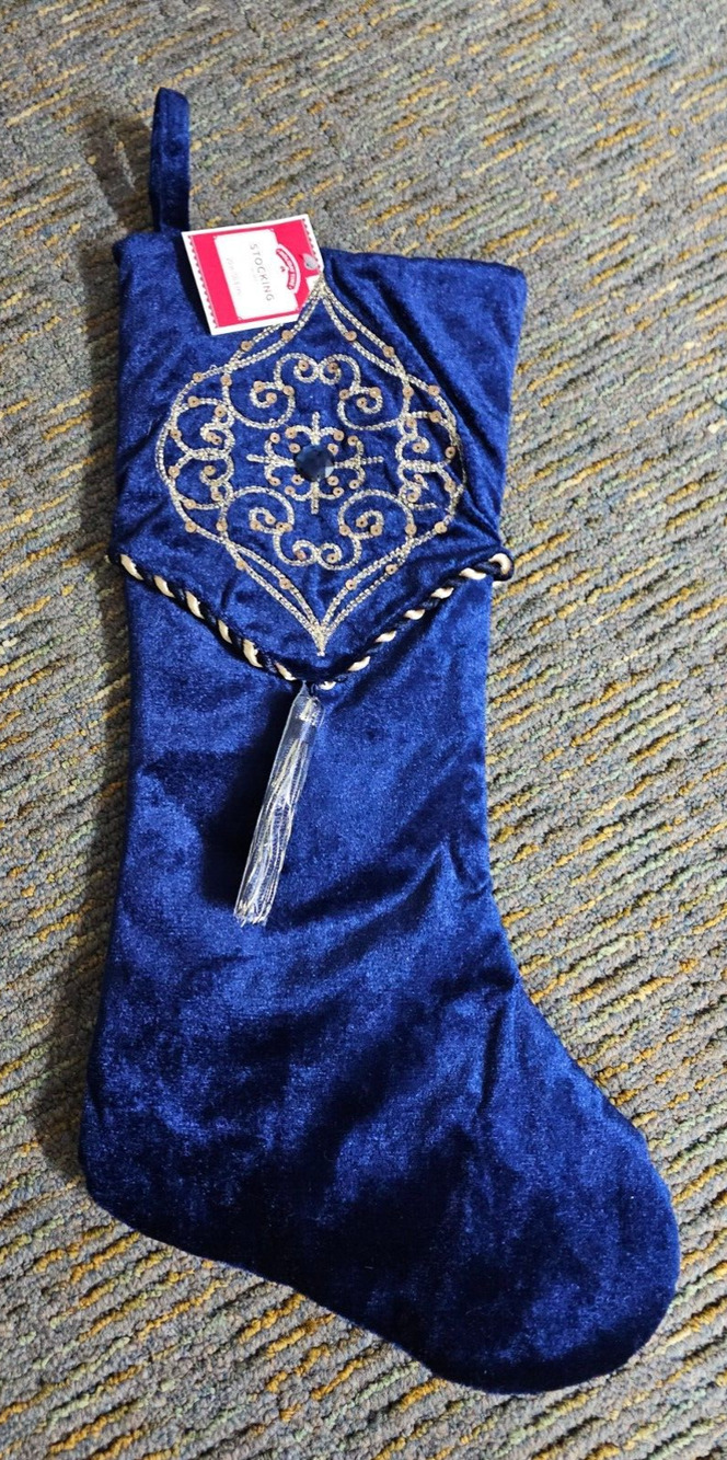 New Holiday Time 20" Blue Velvet Sequined Tassel Christmas Stocking